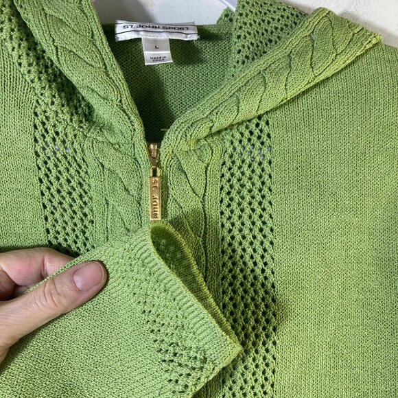 Womens Vintage St John Sport Knit Wool Hooded Zip Cardigan Green L Wool Rayon - Picture 3 of 10